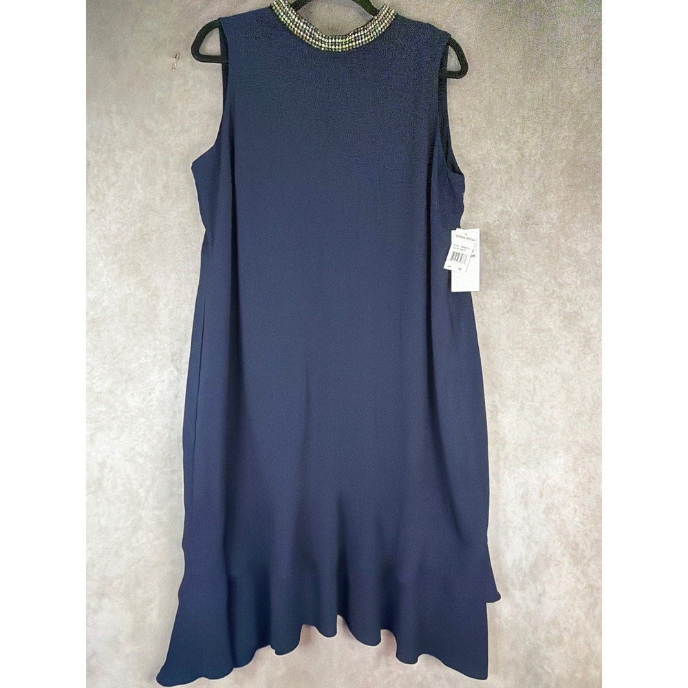 NWT Donna Ricco Dress 16 Navy Blue Embellished Neck Tiered Ruffle Shift Cocktail